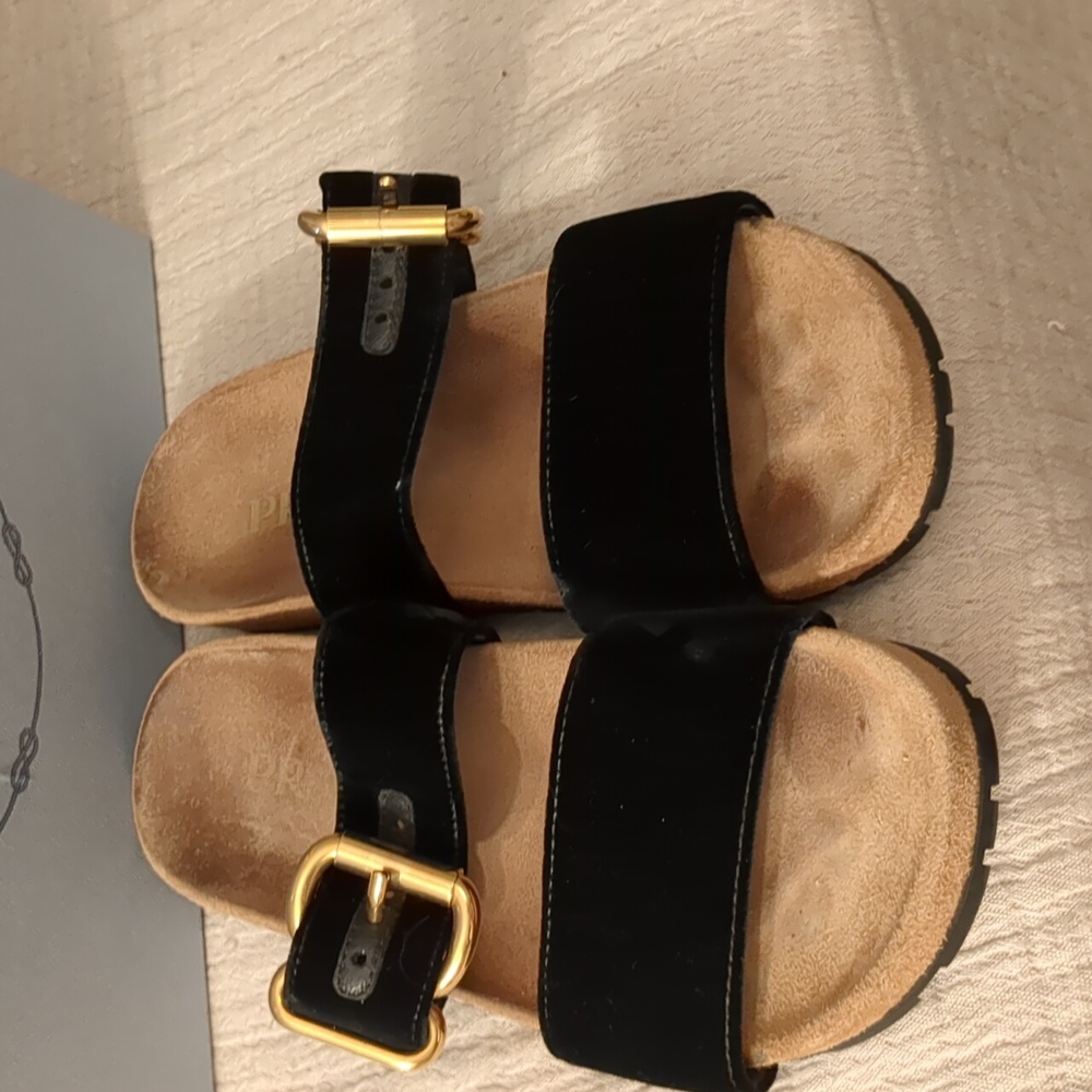 Prada Black Velvet Birkenstock style slides with gold buckle 37